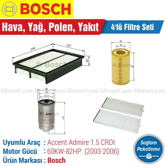 Hyundai Accent Admire 1.5 CRDI Bosch Filtre Seti (2003-2006) Hava-Yağ-Polen-Yakıt