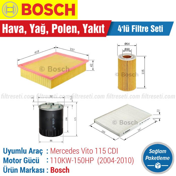 Mercedes Vito 115 CDI Bosch Filtre Bakım Seti (2004-2010) Hava-Yağ-Polen-Yakıt - Standart Polen Filtresi