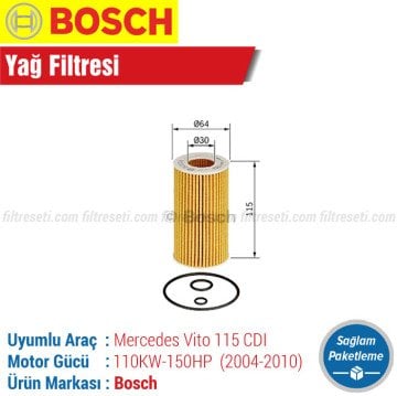 Mercedes Vito 115 CDI Bosch Filtre Bakım Seti (2004-2010) Hava-Yağ-Polen-Yakıt - Standart Polen Filtresi