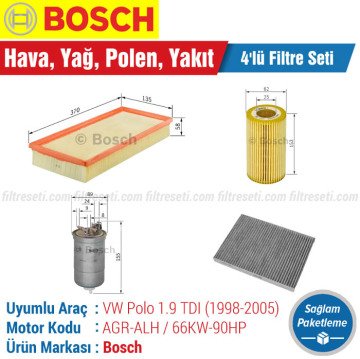 VW Polo 1.9 TDI Bosch Filtre Bakım Seti (1997-2002) Hava-Yağ-Karbonlu Polen
