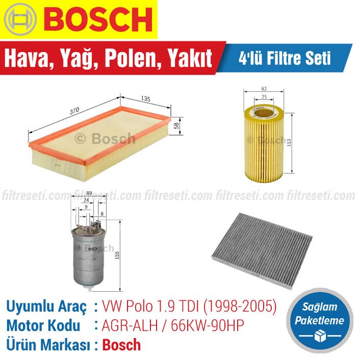 VW Polo 1.9 TDI Bosch Filtre Bakım Seti (1997-2002) Hava-Yağ-Karbonlu Polen-Yakıt