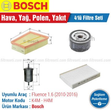 Renault Fluence 1.6 Bosch Filtre Bakım Seti (2010-2016) Hava-Yağ-Polen