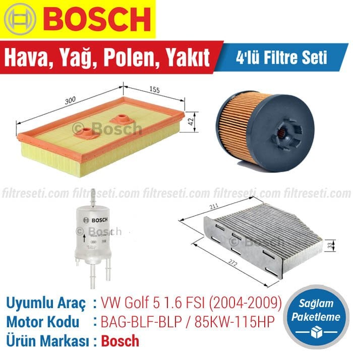 VW Golf 5 1.6 FSI Bosch Filtre Bakım Seti (2004-2009)