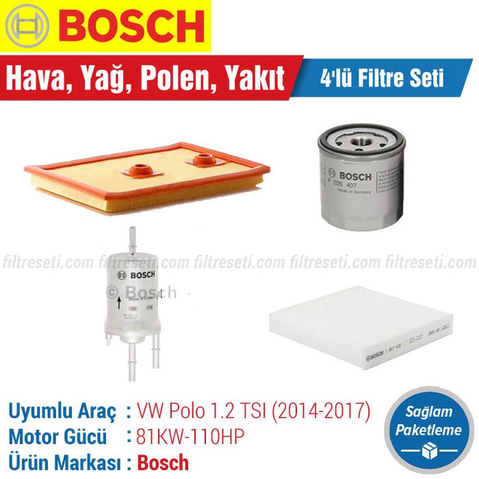 VW Polo 1.2 TSI Bosch Filtre Bakım Seti (2014-2017) Hava-Yağ-Standart Polen-Yakıt