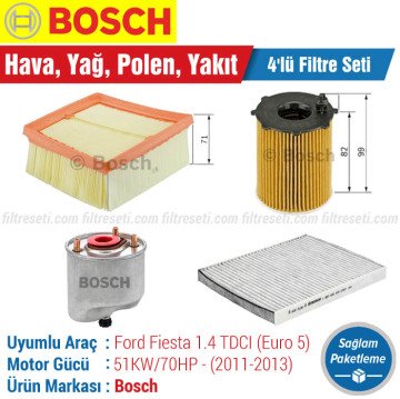 Ford Fiesta 1.4 TDCI Euro 5 Bosch Filtre Bakım Seti (2011-2013) Hava-Yağ-Karbonlu Polen-Yakıt