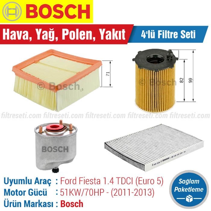 Ford Fiesta 1.4 TDCI Euro 5 Bosch Filtre Bakım Seti (2011-2013) Hava-Yağ-Standart Polen-Yakıt