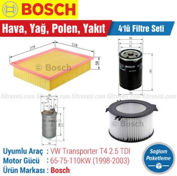 VW Transporter T4 2.5 TDI Bosch Filtre Bakım Seti (1998-2003) Hava-Yağ-Polen