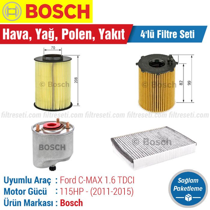 Ford C-MAX 1.6 TDCI Bosch Filtre Bakım Seti (2011-2015) Hava-Yağ-Karbonlu Polen-Yakıt