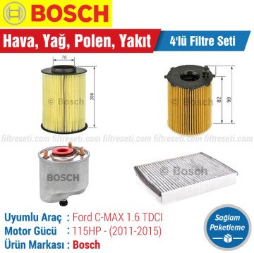 Ford C-MAX 1.6 TDCI Bosch Filtre Bakım Seti (2011-2015) Hava-Yağ-Karbonlu Polen-Yakıt