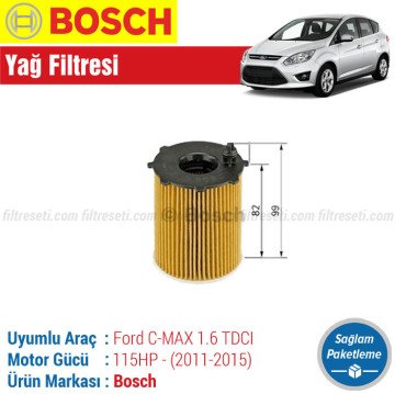 Ford C-MAX 1.6 TDCI Bosch Filtre Bakım Seti (2011-2015) Hava-Yağ-Karbonlu Polen-Yakıt