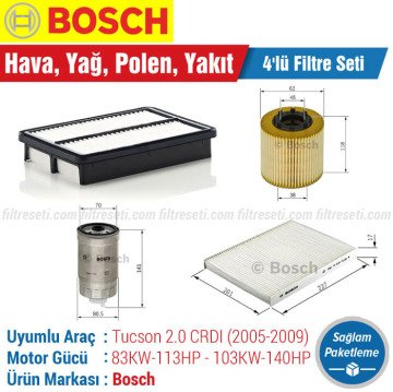 Hyundai Tucson 2.0 CRDI Bosch Filtre Bakım Seti (2005-2009) Hava-Yağ-Polen-Yakıt