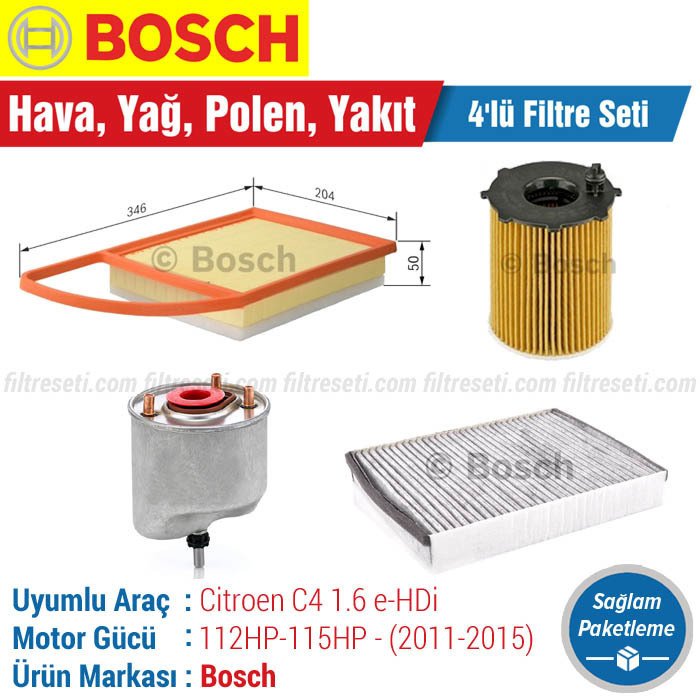 Citroen C4 1.6 e-HDi Bosch Filtre Bakım Seti (2011-2015) Hava-Yağ-Standart Polen-Yakıt