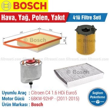 Citroen C4 1.6 HDi Euro 5 Bosch Filtre Bakım Seti (2011-2015) Hava-Yağ-Standart Polen