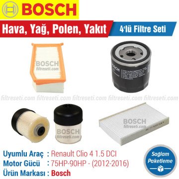 Renault Clio 4 1.5 DCI Bosch Filtre Bakım Seti (2012-2016) Hava-Yağ-Polen