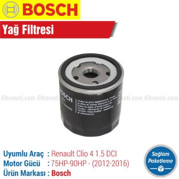 Renault Clio 4 1.5 DCI Bosch Filtre Bakım Seti (2012-2016) Hava-Yağ-Polen-Yakıt