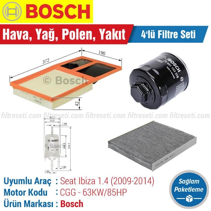 Seat İbiza 1.4 Bosch Filtre Bakım Seti (2009-2014) CGG Hava-Yağ-Karbonlu Polen-Yakıt