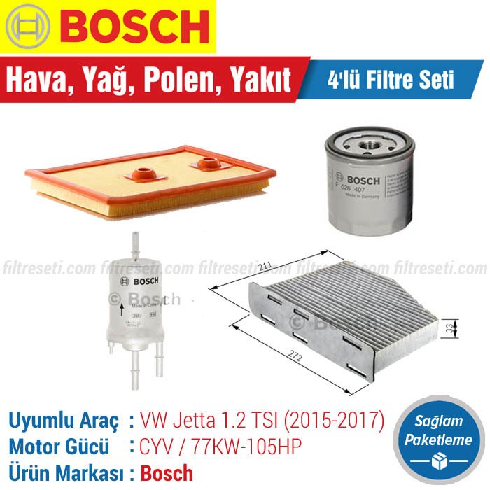 VW Jetta 1.2 TSI Bosch Filtre Bakım Seti (2015-2017) CYV Hava-Yağ-Karbonlu Polen-Yakıt