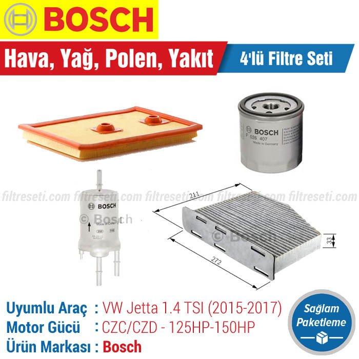 VW Jetta 1.4 TSI Bosch Filtre Bakım Seti (2015-2017) CZC / CZD Hava-Yağ-Karbonlu Polen-Yakıt