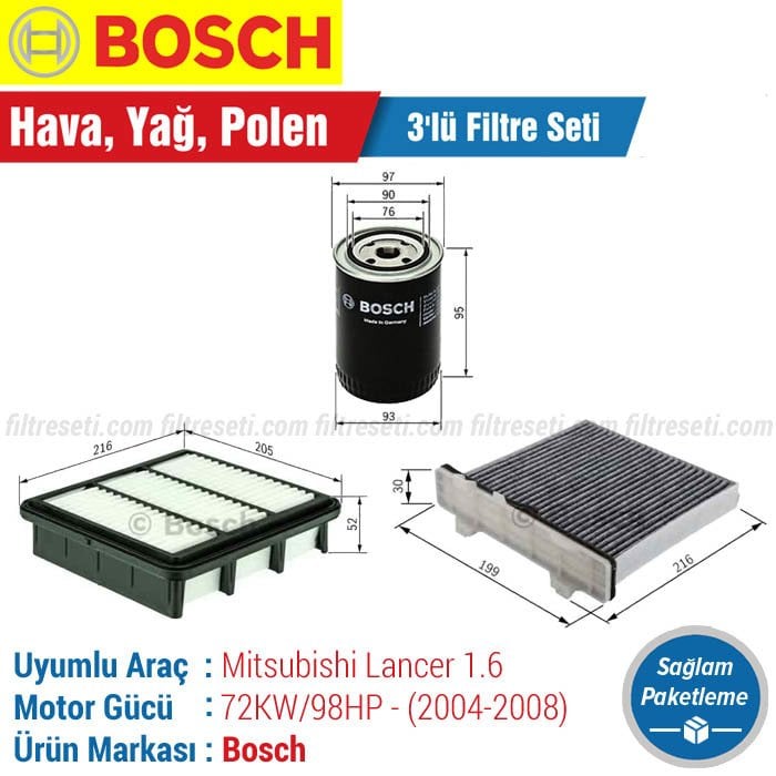 Mitsubishi Lancer 1.6 Bosch Filtre Bakım Seti (2004-2008) Hava-Yağ-Polen