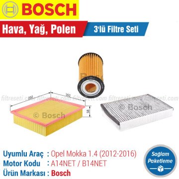 Opel Mokka 1.4 Bosch Filtre Bakım Seti (2012-2016) Hava-Yağ-Standart Polen