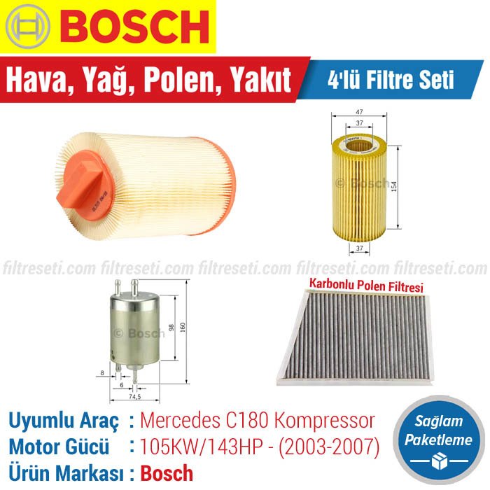 Mercedes C180 Komp. Bosch Filtre Bakım Seti (W203 2003-2007) Hava-Yağ-Polen