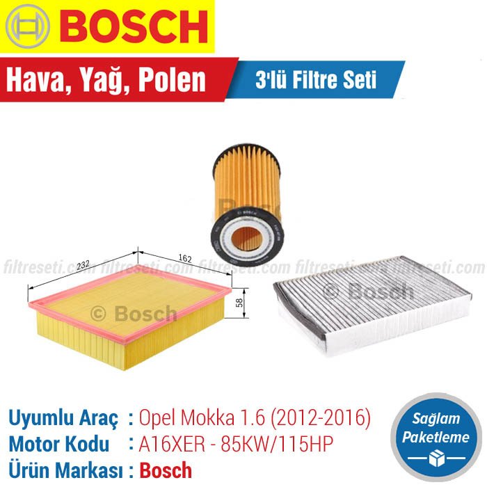Opel Mokka 1.6 Bosch Filtre Bakım Seti (2012-2016) Hava-Yağ-Karbonlu Polen