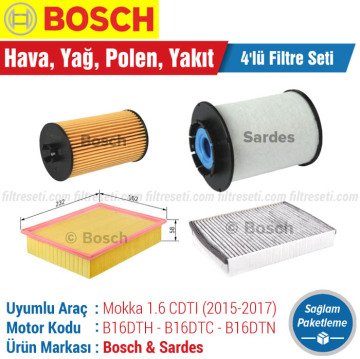 Opel Mokka 1.6 CDTI Bosch Filtre Bakım Seti (2015-2017) Hava-Yağ-Standart Polen