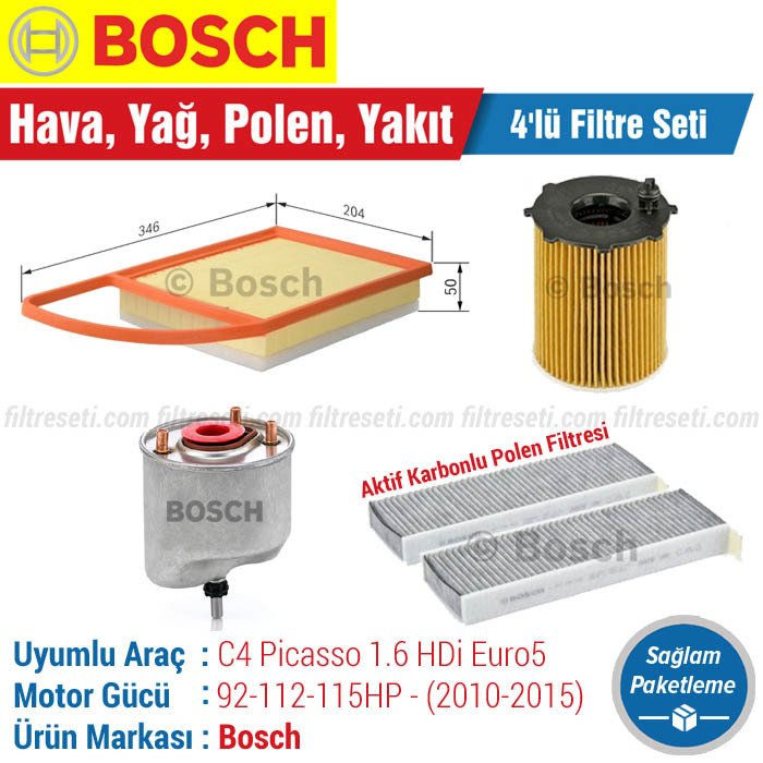 Citroen C4 Picasso 1.6 HDI Bosch Filtre Bakım Seti (2010-2015) Hava-Yağ-Polen