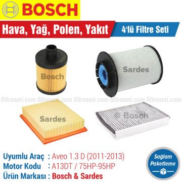 Chevrolet Aveo 1.3 D Bosch & Sardes Filtre Seti (2011-2013) Hava-Yağ-Polen - Karbonlu Polen Filtresi