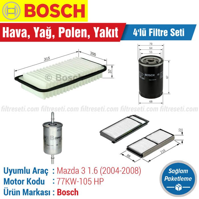 Mazda 3 1.6 Bosch Filtre Bakım Seti (2004-2008) Hava-Yağ