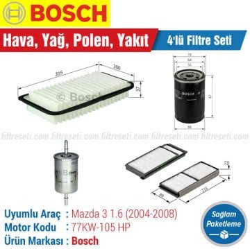 Mazda 3 1.6 Bosch Filtre Bakım Seti (2004-2008) Hava-Yağ-Polen