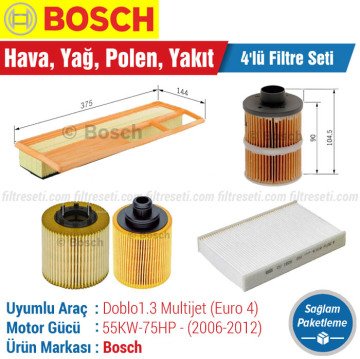Fiat Doblo 1.3 Multijet Bosch Filtre Bakım Seti (2006-2012) 199A2 Hava-Yağ-Karbonlu Polen
