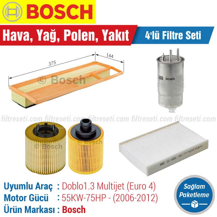Fiat Doblo 1.3 Multijet Bosch Filtre Bakım Seti (2010-2012) 199A3 Hava-Yağ-Polen-Yakıt