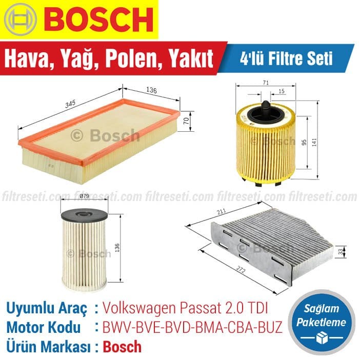 VW Passat 2.0 TDI Bosch Filtre Bakım Seti (2005-2011) Hava-Yağ-Standart Polen-Yakıt