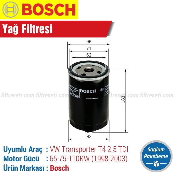 VW Transporter T4 2.5 TDI Bosch Yağ Filtresi (1998-2003)