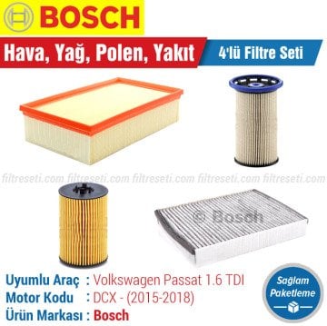 VW Passat 1.6 TDI Bosch Filtre Bakım Seti (2015-2018) DCX Hava-Yağ-Standart Polen-Yakıt