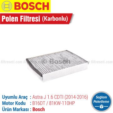 Opel Astra J 1.6 CDTI Bosch Filtre Bakım Seti (2014-2017) Hava-Yağ-Karbonlu Polen-Yakıt